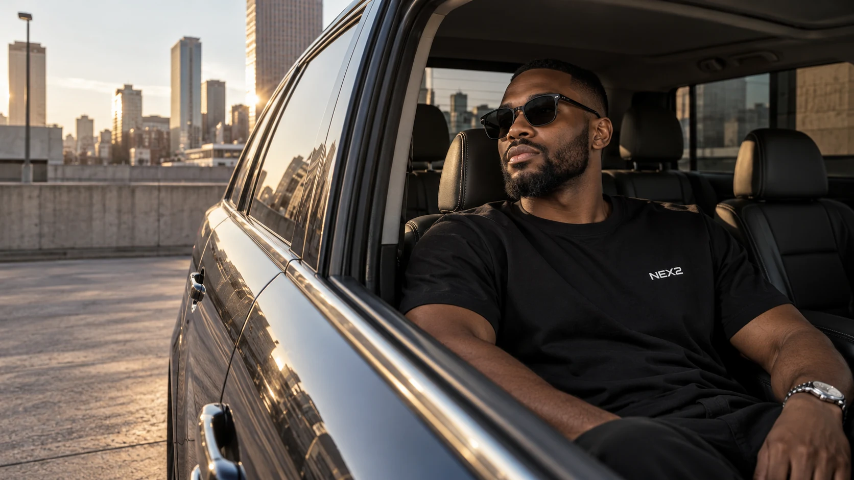 NEX2 lifestyle concept with a man wearing a branded black T-shirt in a parked car