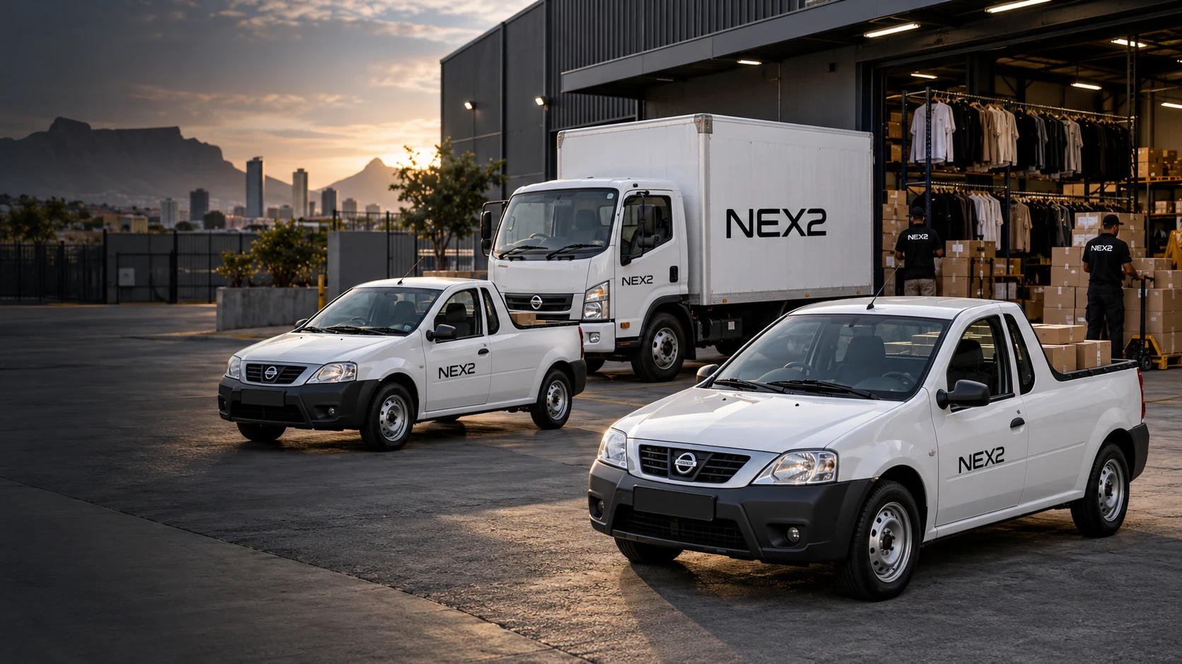 NEX2 delivery concept with two Nissan NP200 pickups and a box truck