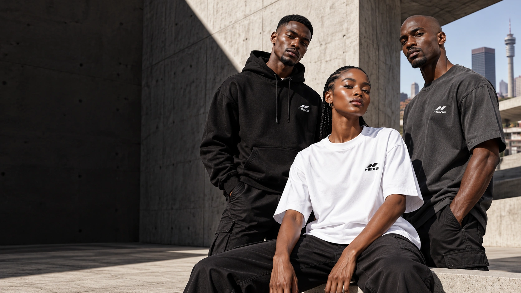NEX2 campaign concept with three models in monochrome streetwear